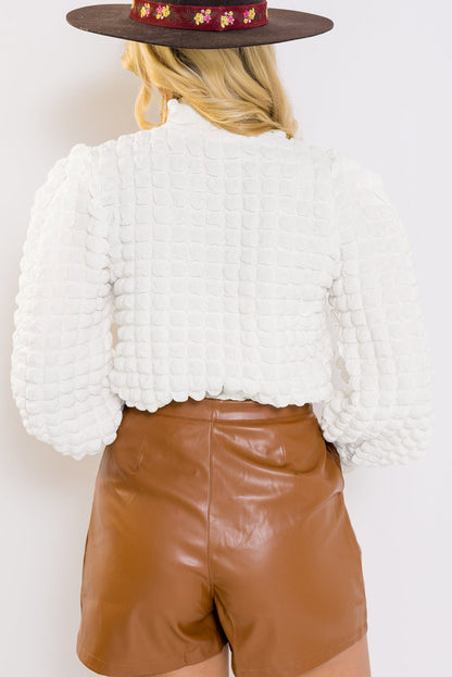 Textured Smocked Mock Neck Puff Sleeve Top | White