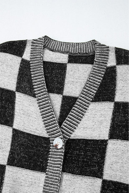 Checkered Drop Shoulder Buttoned V Neck Cardigan | Black