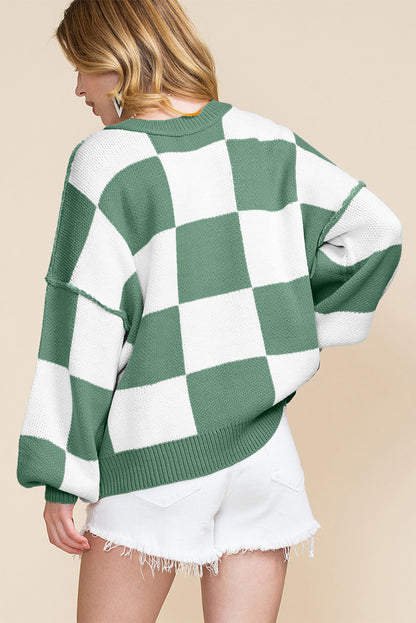 Checkered Bishop Sleeve Sweater | Green