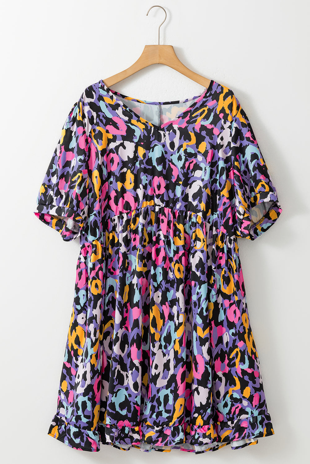 Leopard Print Ruffled V Neck Plus Size Mini Dress | Purple