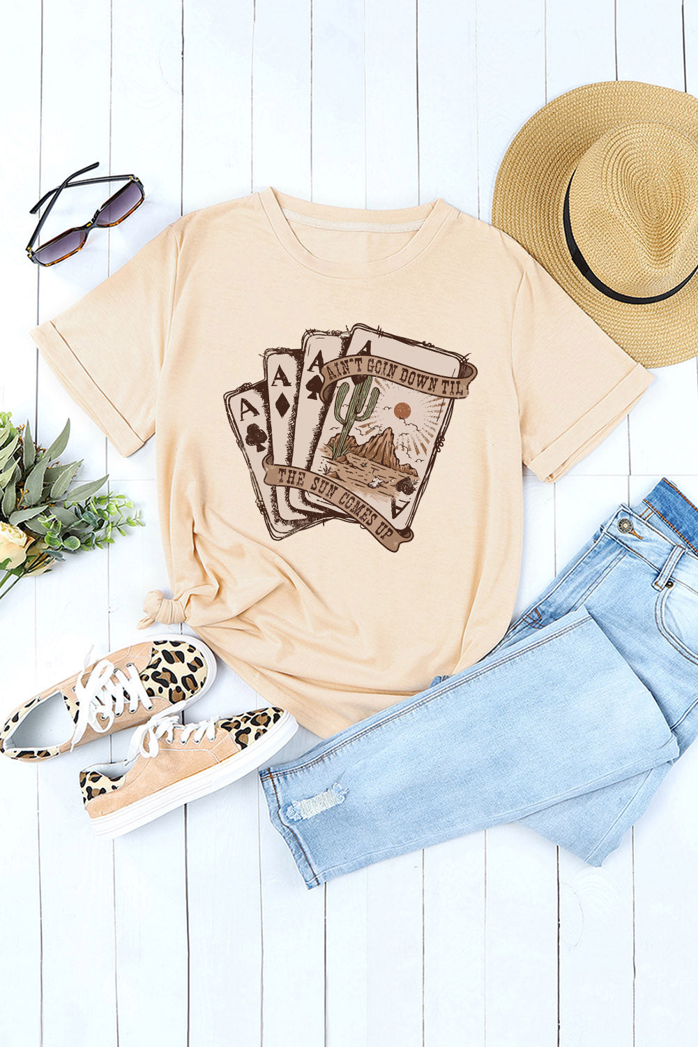 Western Poker Cards Graphic T Shirt | Khaki