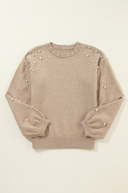 Pearled Drop Shoulder Round Neck Sweater | Smoke Gray