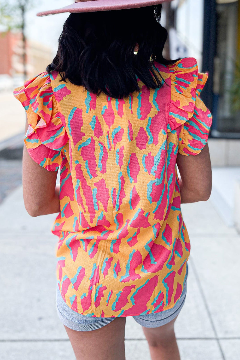 Abstract Print V Neck Ruffled Sleeve Blouse | Orange