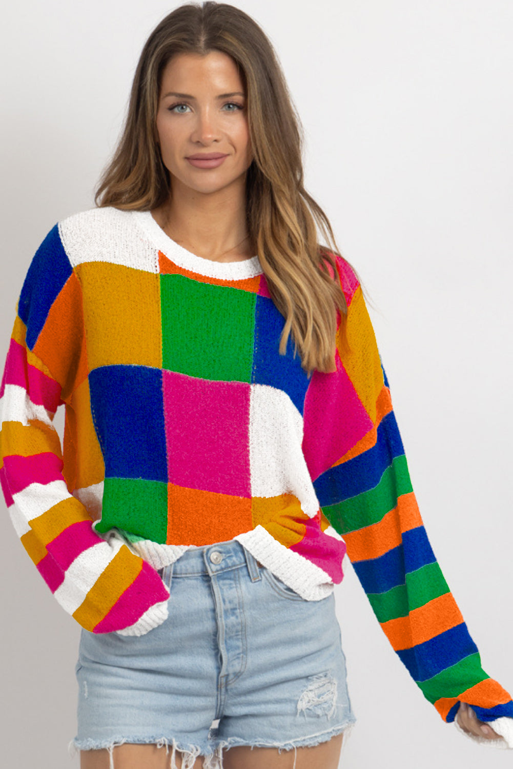 Checkered Colour Block Round Neck Loose Sweater | Orange