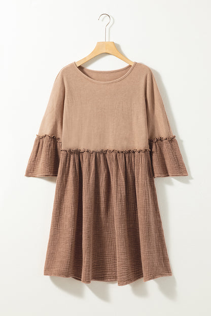 Waffle Crinkle Patchwork Frilled Flare Dress | Khaki