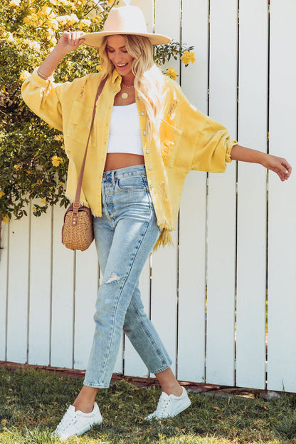 Distressed Fringe Trim Denim Jacket | Yellow