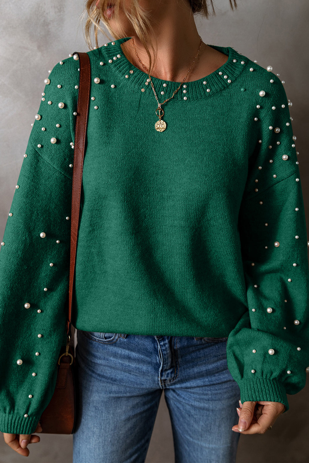 Pearled Drop Shoulder Round Neck Sweater | Evergreen