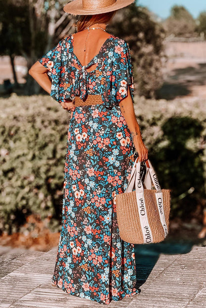 Floral Knotted Back Square Neck Maxi Dress | Sky Blue