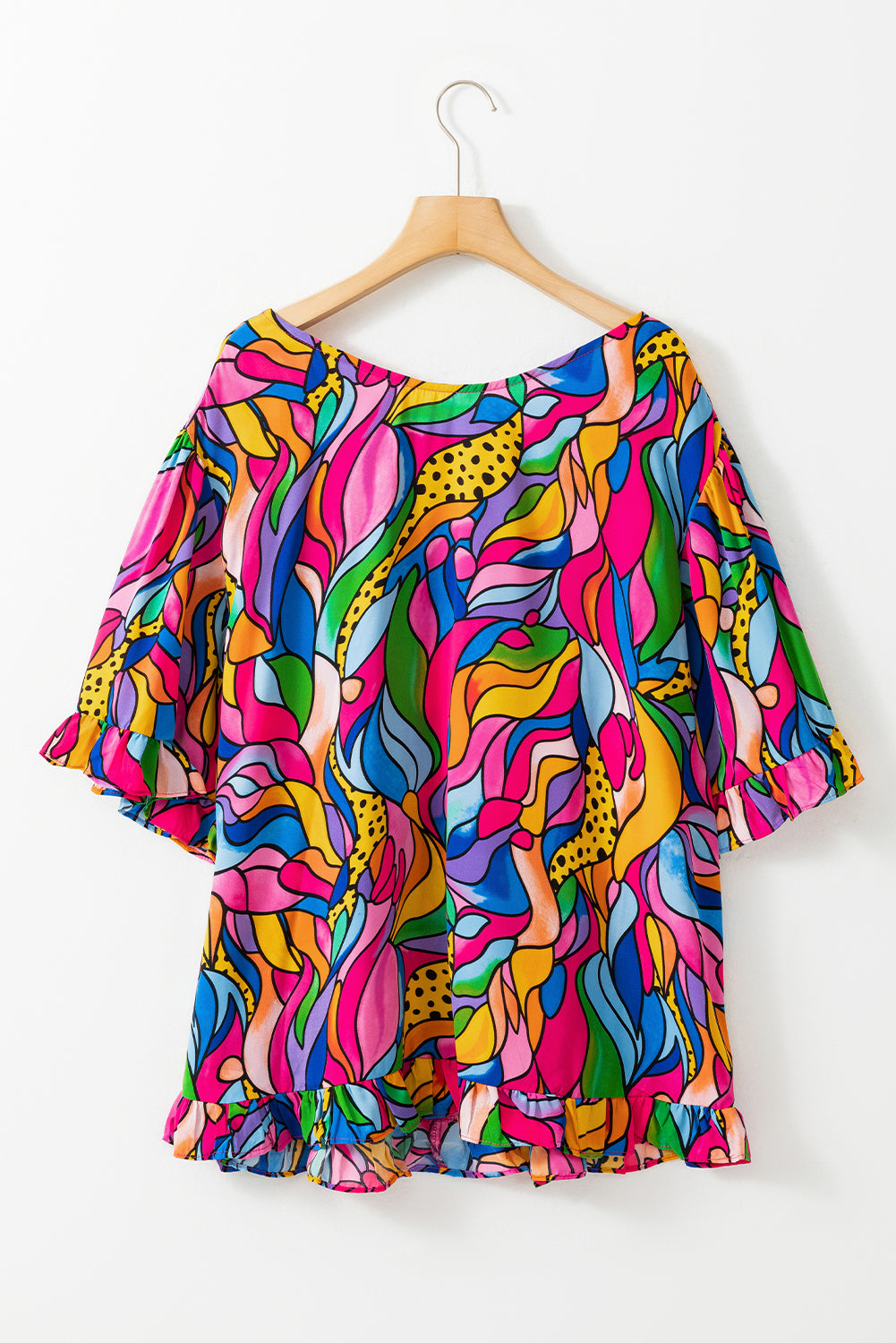 Abstract Print Plus Size Frilly Trim Blouse | Rose