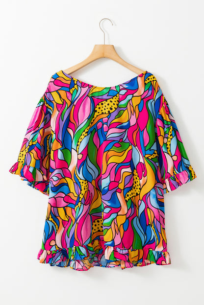 Abstract Print Plus Size Frilly Trim Blouse | Rose