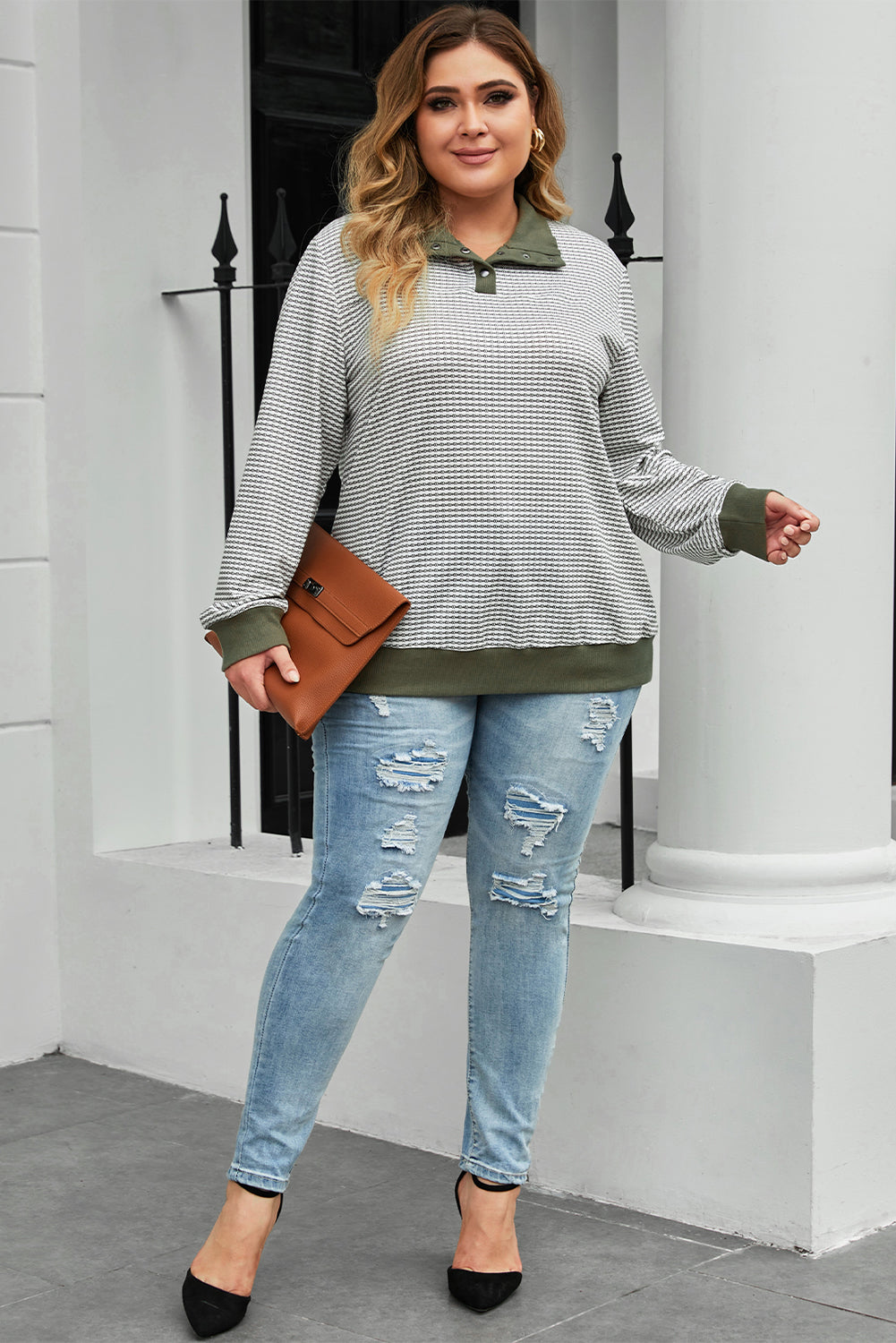 Striped Contrasting Trim Plus Size Henley Pullover | Green