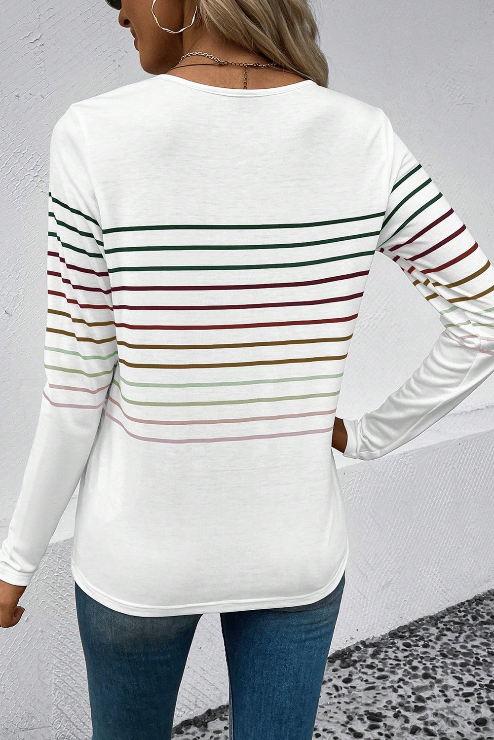 Multicolour Striped Crew Neck Long Sleeve Top | White