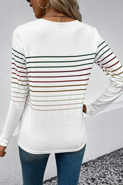 Multicolour Striped Crew Neck Long Sleeve Top | White