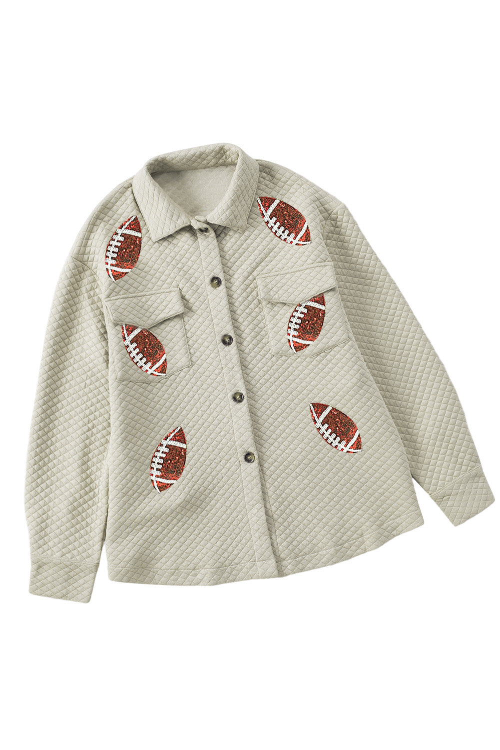 Sequin Rugby Football Quilted Buttoned Turn Down Collar Shacket | Beige