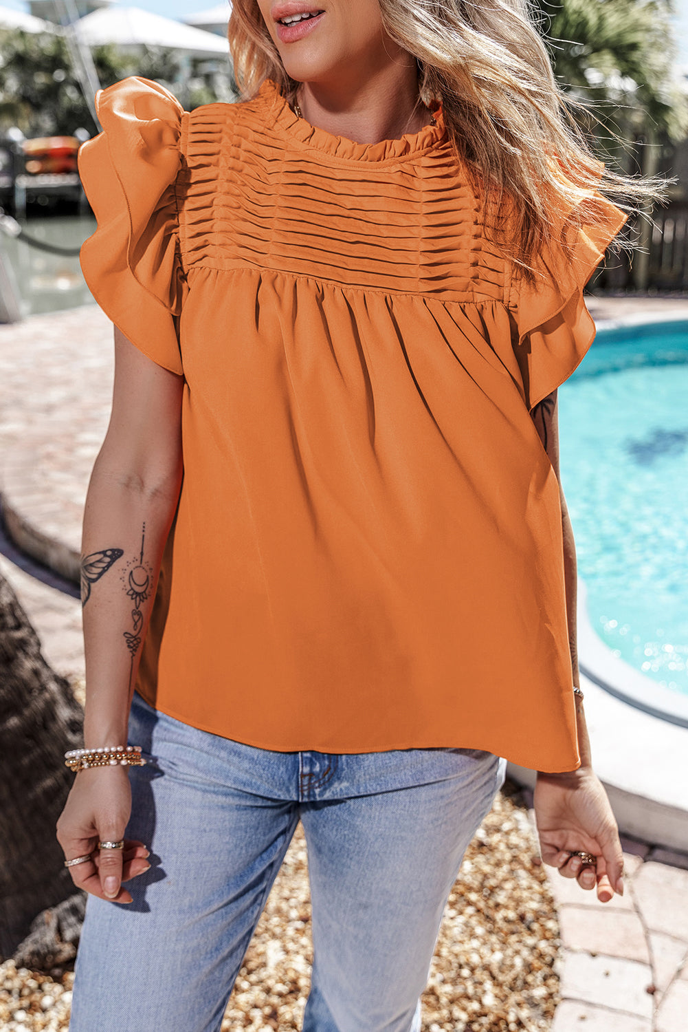 Smocked Ruffle Sleeve Blouse | Grapefruit Orange