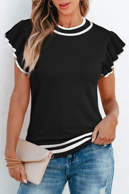 Edge Piping Ruffled Sleeve Round Neck Knit T Shirt | Black