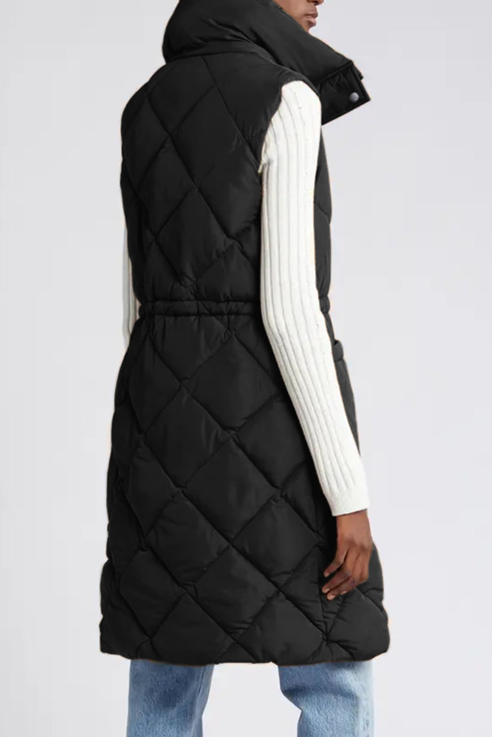 Longline Quilted Stand Collar Puffer Vest | Black