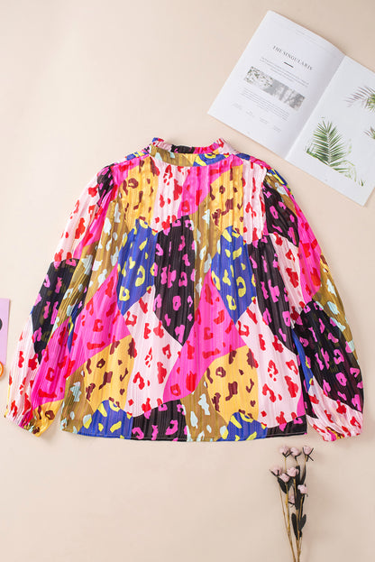 Leopard Patchwork Print Pleated Blouse | Rose