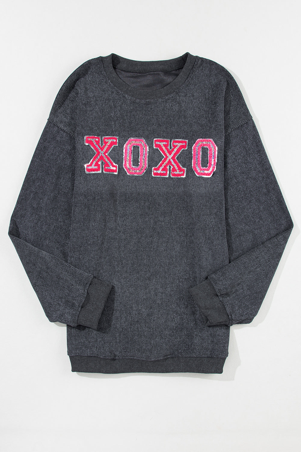 Valentine Sequin Xoxo Corded Crew Neck Sweatshirt | Gray