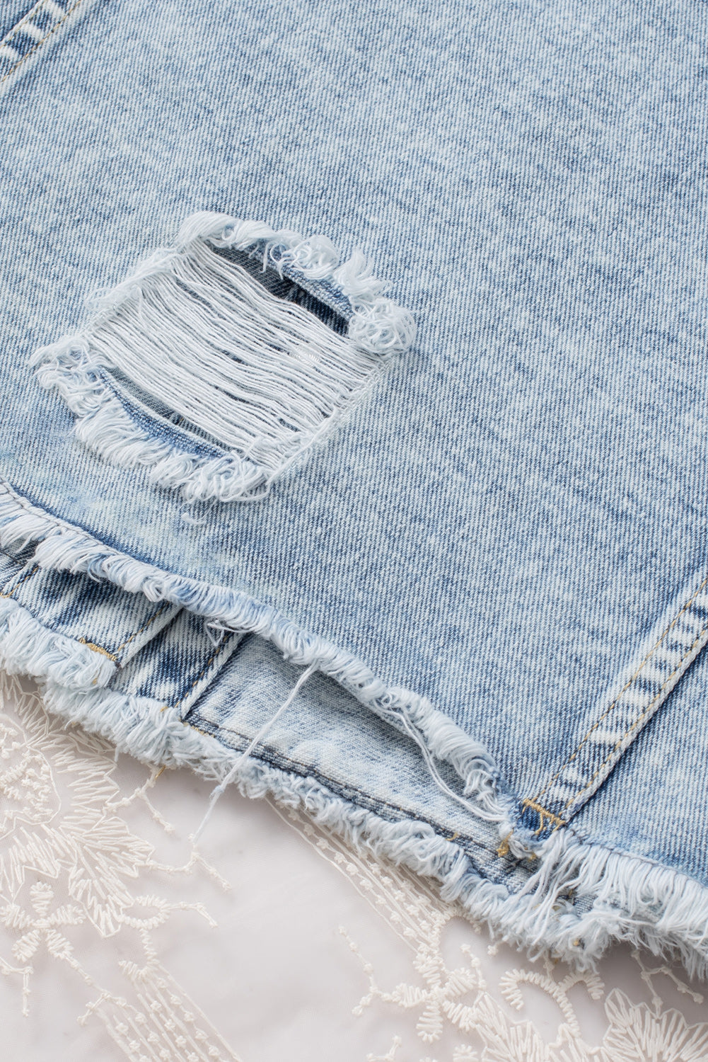 Lapel Distressed Raw Hem Buttons Denim Jacket | Sky Blue