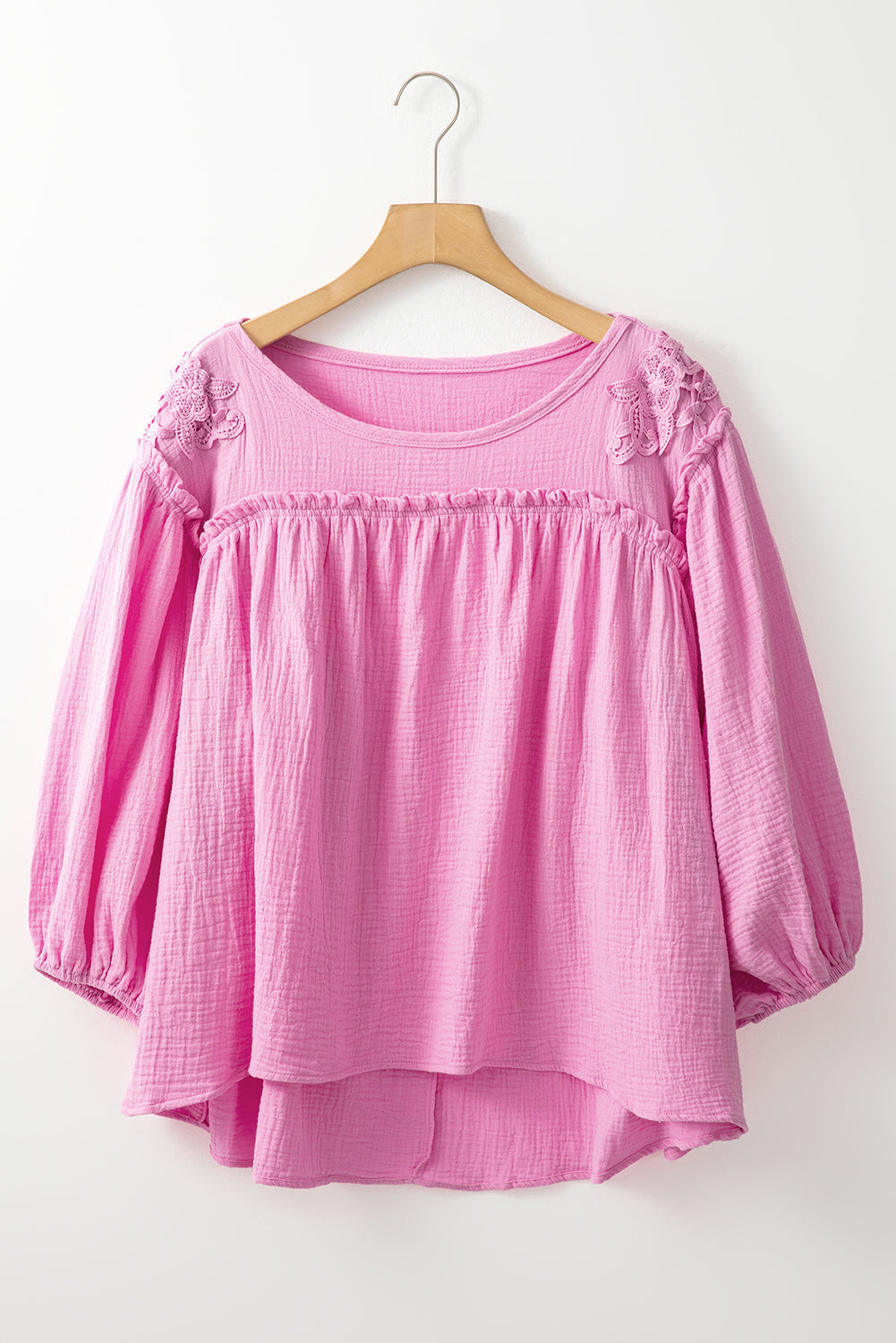 Lace Accent Bracelet Sleeve Babydoll Blouse | Pink