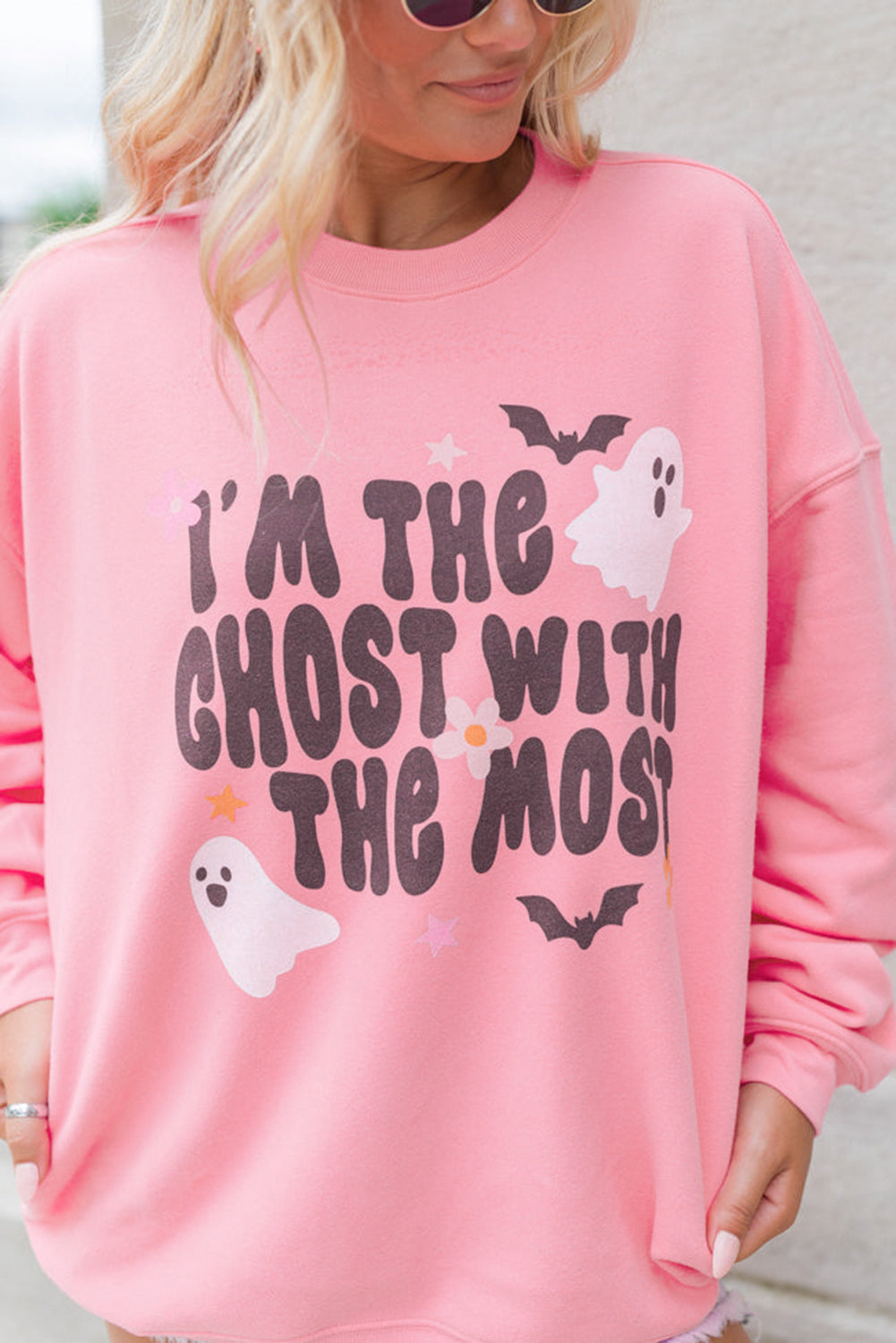 Halloween Slogan Ghost Bat Graphic Drop Shoulder Sweatshirt | Pink