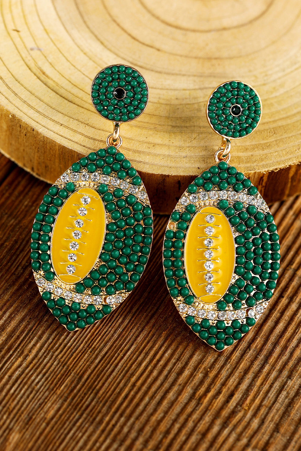 Beaded Rhinestone Rugby Football Drop Earrings | Dark Green