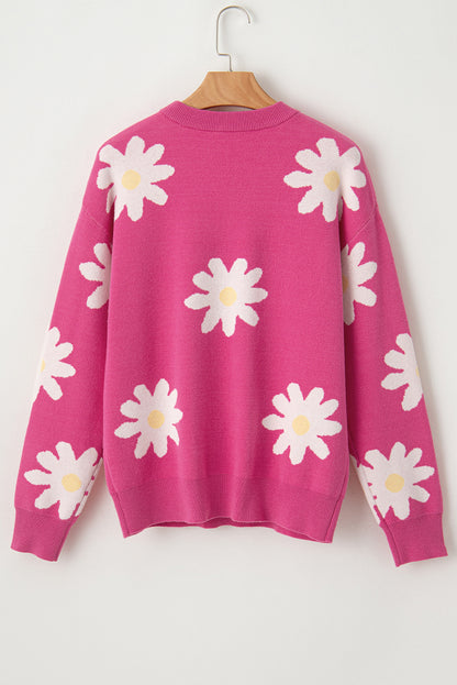 Daisy Flower Crew Neck Long Sleeve Sweater | Bright Pink