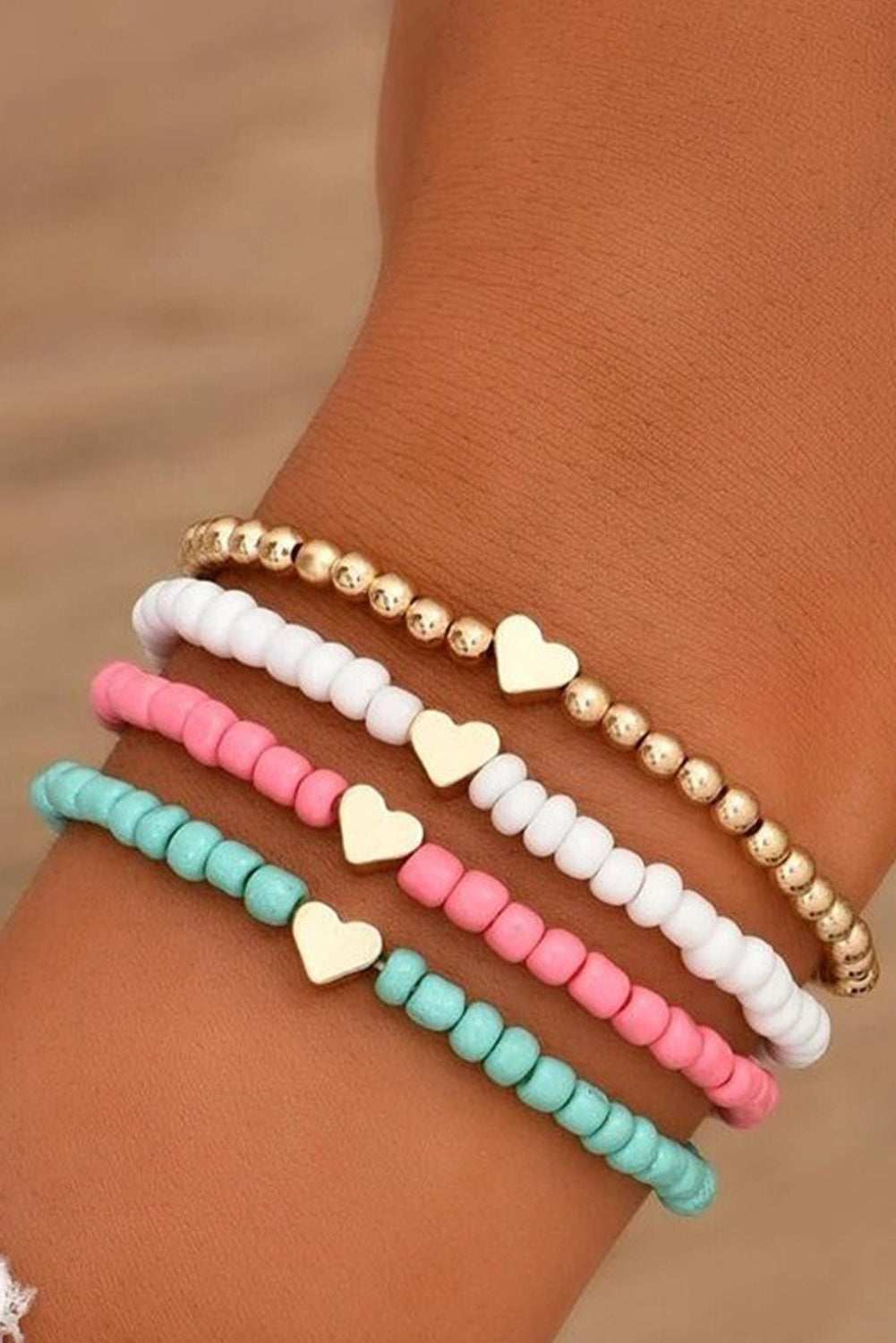 Heart Beaded Multi Layered Bracelet Set | Pink