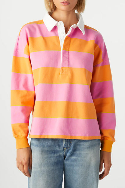 Colour Block Polo Collar Sweatshirt | Yellow Stripe