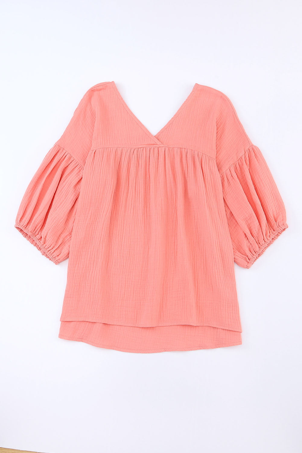 Textured V Neck Bracelet Sleeve Babydoll Blouse | Pink