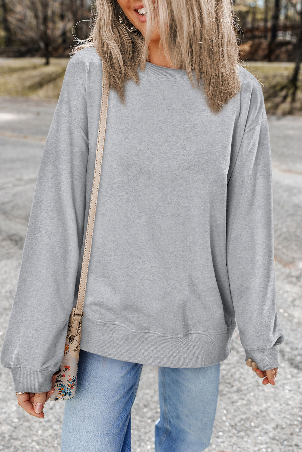 Plain Drop Shoulder Crewneck Pullover Sweatshirt | Light Grey