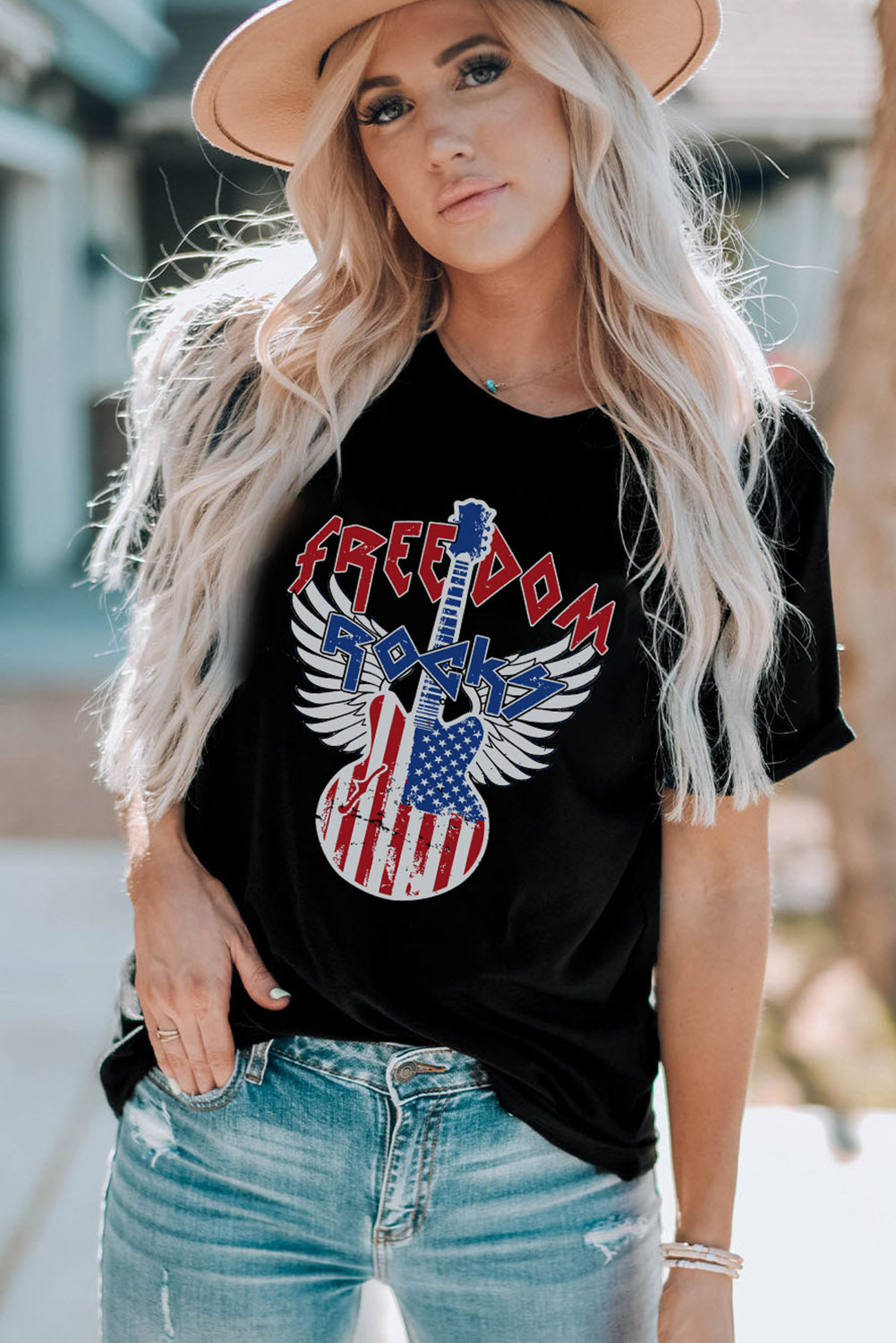 American Flag Guitar Print Crew Neck Tee | Black