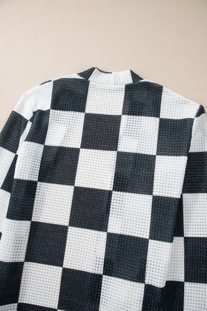 Checkered Waffle Knit Thumbhole Open Front Cardigan | Black