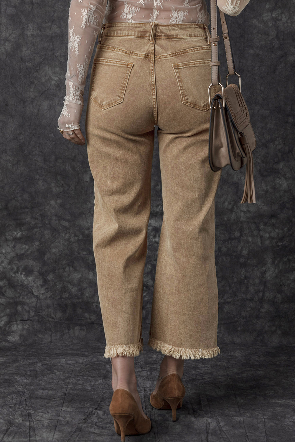 Acid Washed High Rise Cropped Wide Leg Jeans | Light French Beige