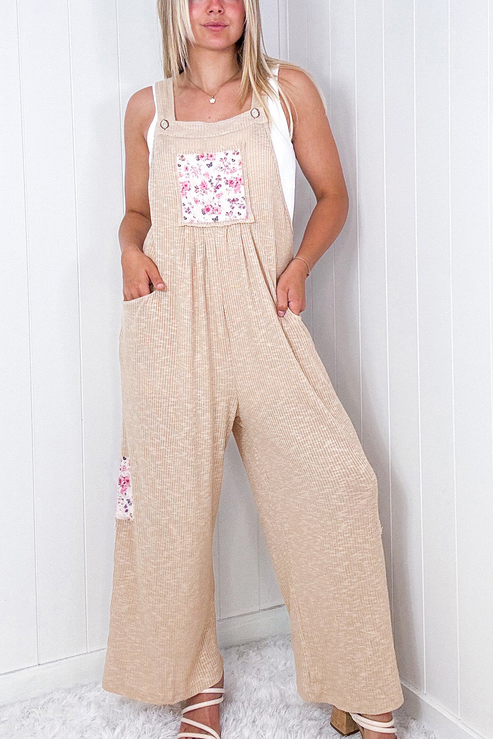 Floral Patchwork Ribbed Side Pockets Wide Leg Jumpsuit | Jet Stream