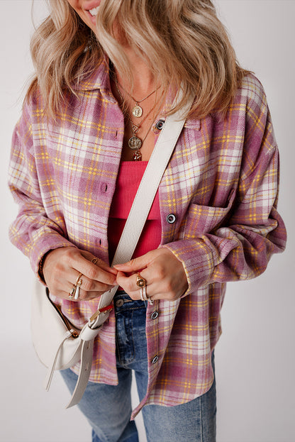 Plaid Print Chest Pocket Long Sleeve Shacket | Pink