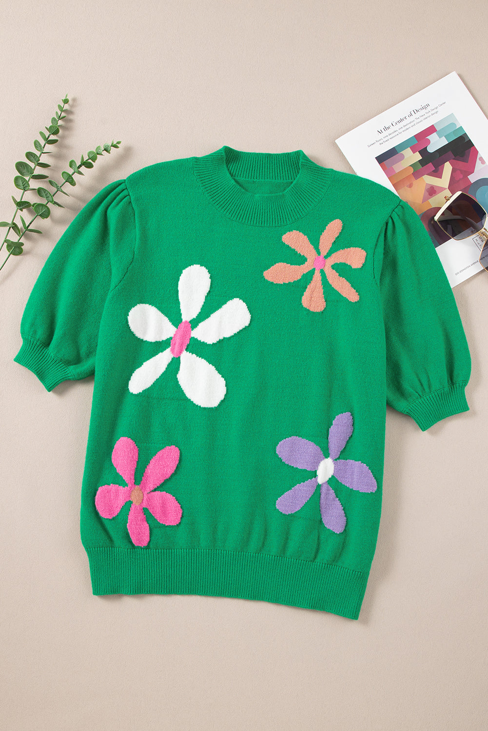 Floral Bubble Short Sleeve Sweater | Bright Green