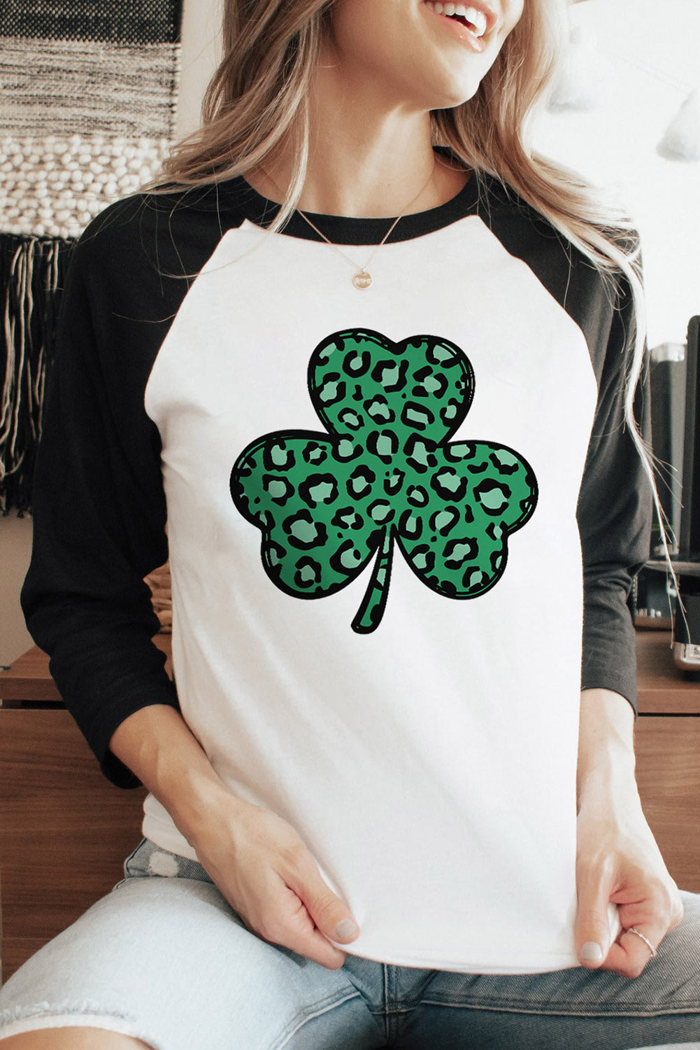 Leopard Spotted Clover St Patrick Graphic Long Sleeve Tee | Black