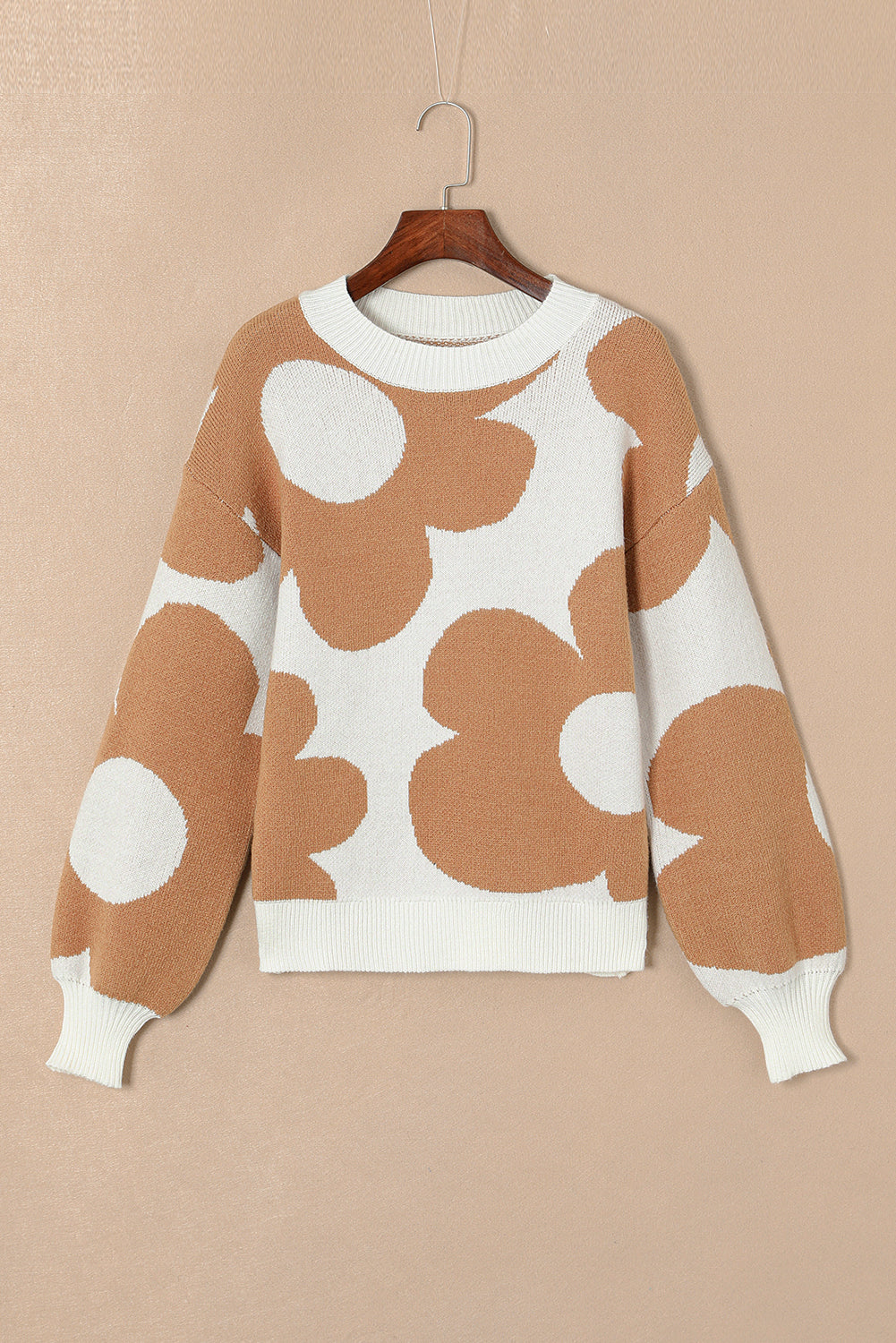 Big Flower Pattern Drop Shoulder Sweater | Khaki