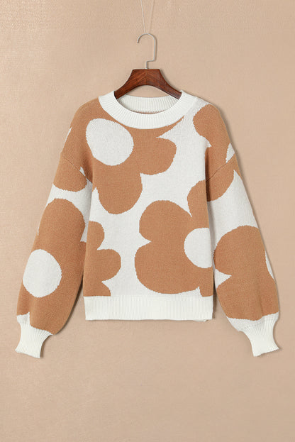 Big Flower Pattern Drop Shoulder Sweater | Khaki