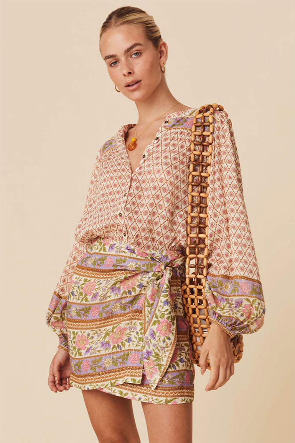 Boho Floral Mixed Print Puff Sleeve Shirt | Multicolour