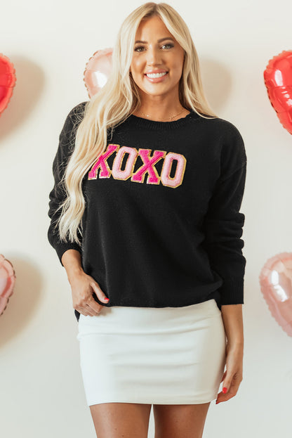 Black Xoxo Glitter Print Round Neck Casual Sweater | Colour black