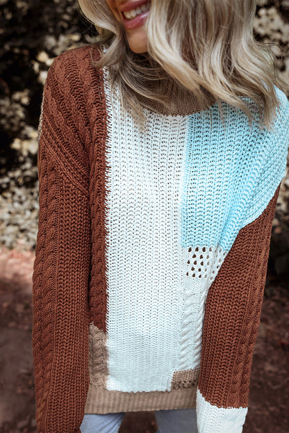 Mix Textured Knit Colourblock Patchwork Sweater | Khaki