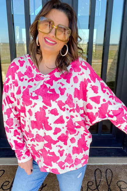 Animal Print Long Sleeve V Neck Plus Size Top | Rose