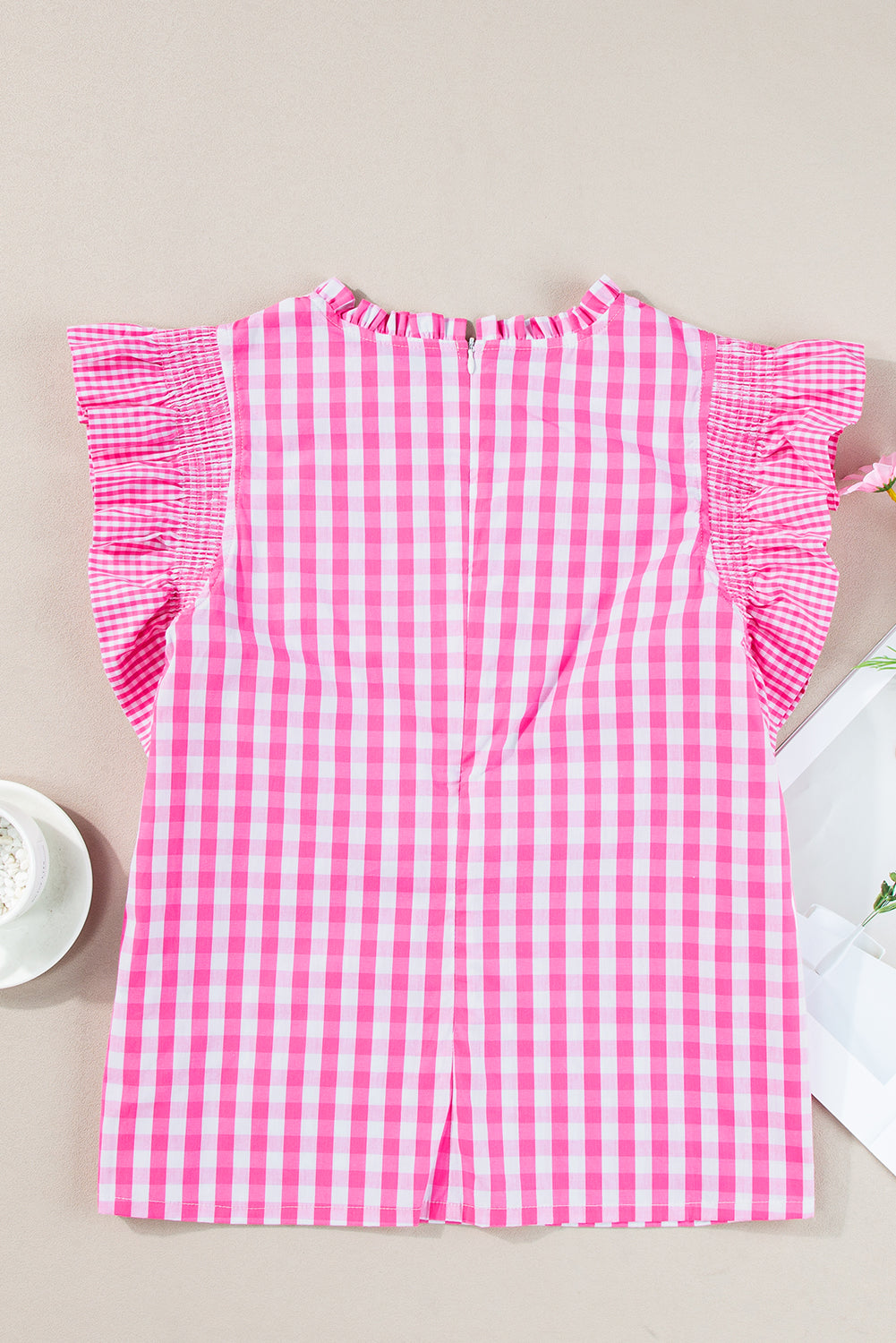 Checkered Ruffled Sleeve Frilled Neck Blouse | Rose Red