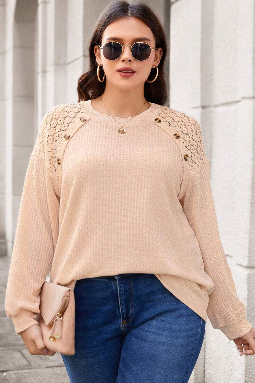 Plus Size Lace Patchwork Buttons Waffle Knit Top | Beige