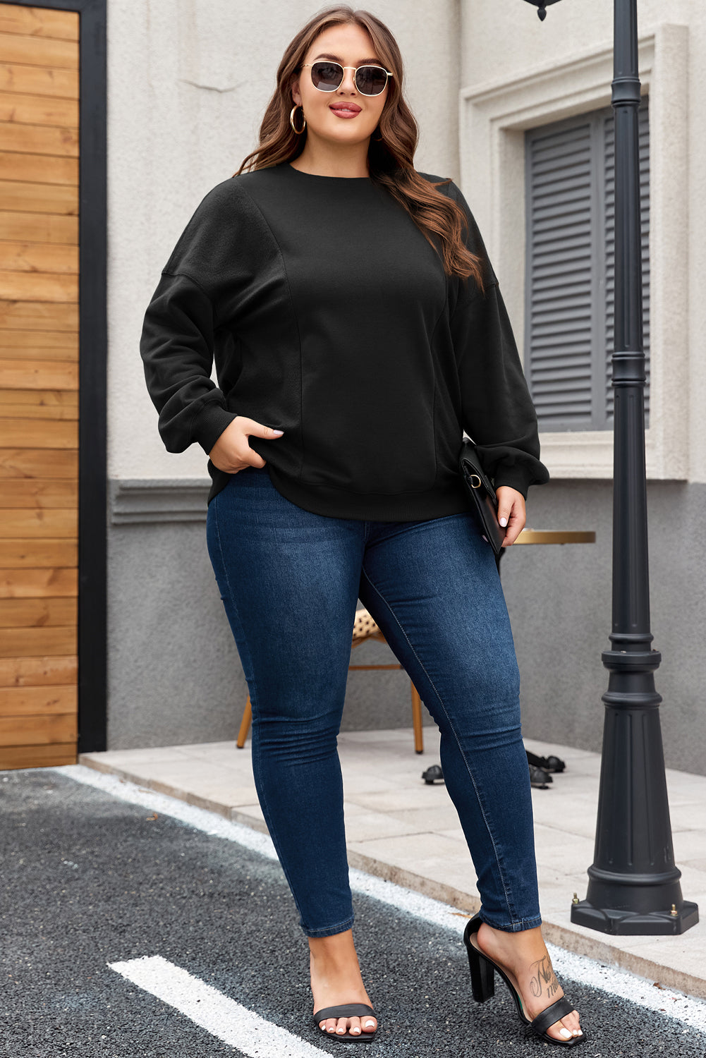 Loose Patchwork Crewneck Plus Size Sweatshirt | Black