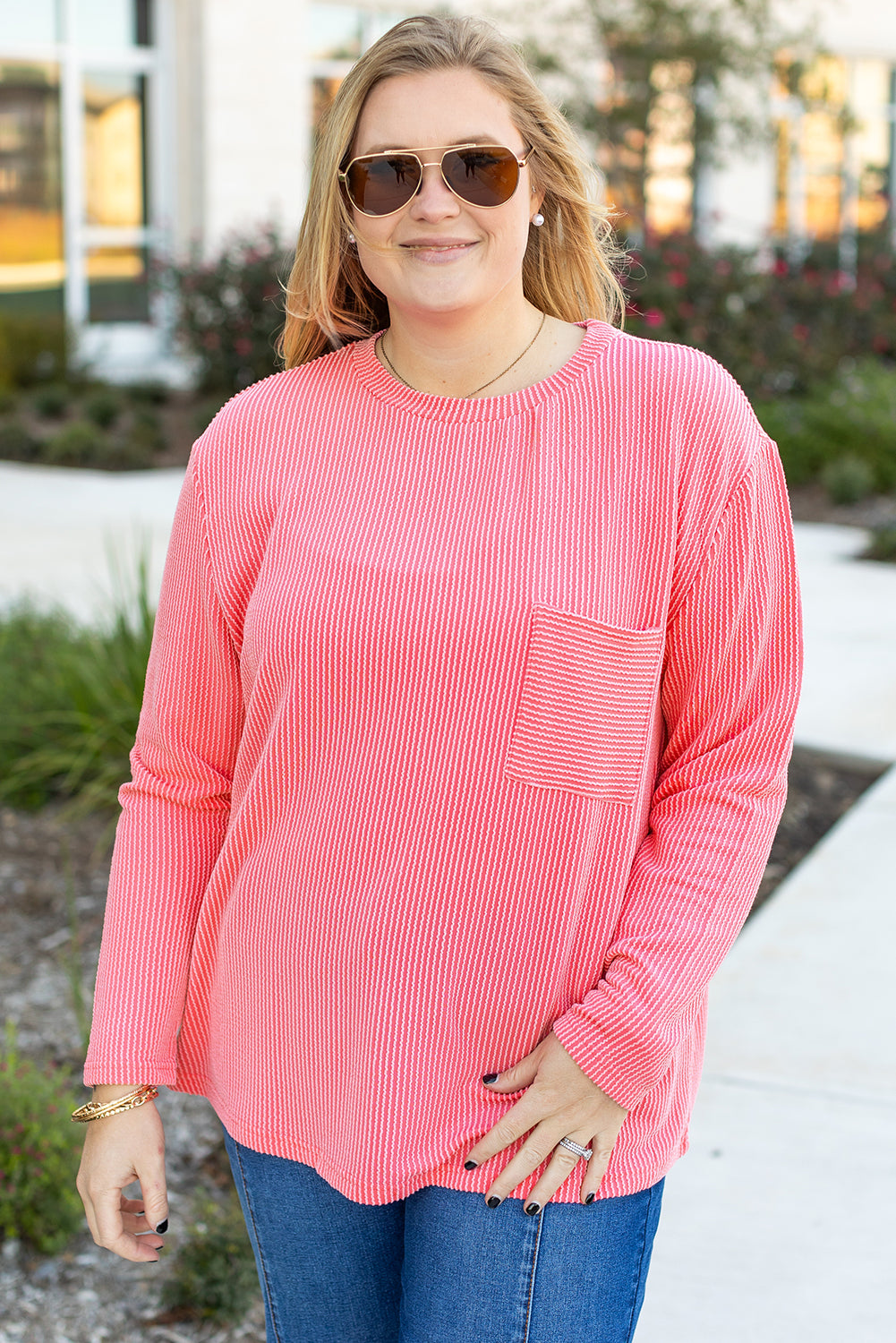 Plus Size Ribbed Textured Long Sleeve T Shirt | Peach Blossom