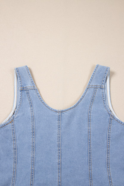 Light Wash Denim Buttoned Front Chest Pockets Sleeveless Slim Mini Dress | Beau Blue